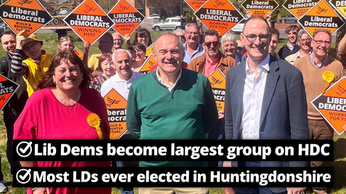A graphic reading "Thank You", with Lib Dem activists celebrating. Additional text reads "Lib Dems become the largest party on HDC" and "Most LDs ever elected in Huntingdonshire".