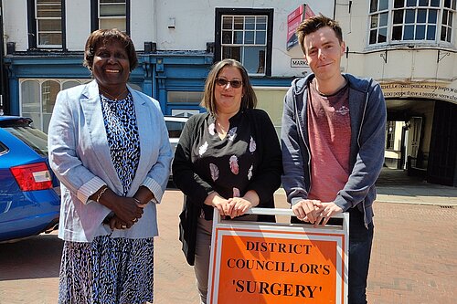 Councillors Padrica, Jo and Nathan in Huntingdon Town Centre