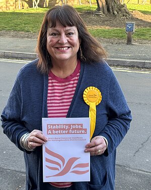 Cllr Sarah Conboy, HDC Liberal Democrat Group Leader, with the manifesto