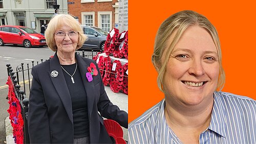 Cllr Cath Gleadow stood in front of a remembrance memorial, and Cllr Sally Howell in front of an orange background