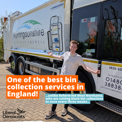 "One of the best bin collection services in England! ...unlike Reform-led West Northants, who are cutting black bin collections to once every three weeks..." [Photo shows Cllr Nathan Hunt standing by a HDC branded bin lorry]